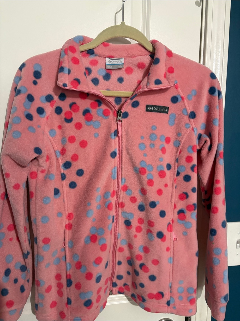 Columbia Pink Fleece Jacket with Blue and Red Dot Print